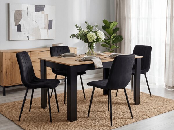 Set de masa 1 + 4, masa MADO 120x80 cm neagra/stejar artisan + scaun negru catifea LAVA cu picioare negre