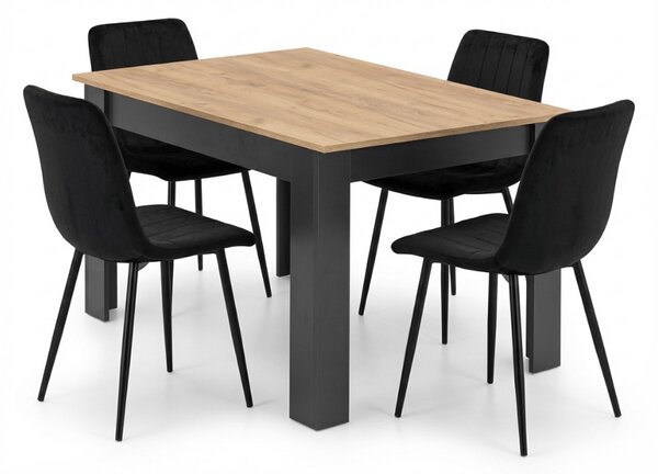Set de masa 1 + 4, masa MADO 120x80 cm neagra/stejar artisan + scaun negru catifea LAVA cu picioare negre