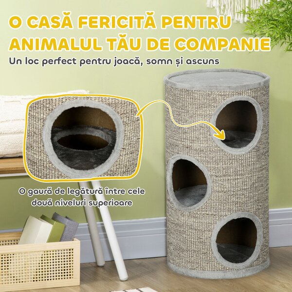 PawHut Turn Sisal pentru Pisici, Ansamblu cu Platforme Înveliș Moale, Φ38x70 cm, Gri | Aosom Romania