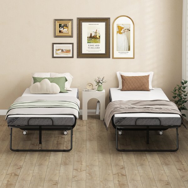 HOMCOM Pat Pliabil Single 90x200 cm cu Saltea de 10 cm Grosime, Cadru din Metal și Roți cu Frână, Negru | Aosom Romania