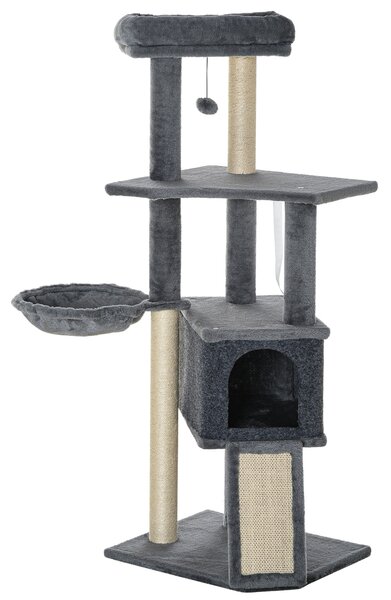 PawHut Ansamblu Zgâriat Pisici cu Stâlpi Sisal, Căsuță, Hamac, Platforme, 127 cm, PAL și Pluș, Gri | Aosom Romania