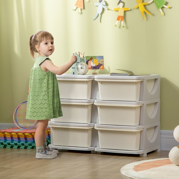 HOMCOM Comodă cu 6 Sertare pentru Copii 3-6 Ani cu Margini Rotunjite, din PP Crem, 75x37x56.5 cm | Aosom Romania