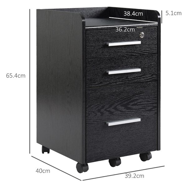 HOMCOM Dulap Portadocumente din Lemn cu 3 Sertare cu Chei de Securitate și 5 Roți, 39.2x40x65.4 cm, Negru | Aosom Romania