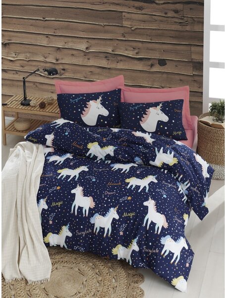Lenjerie de pat cu cearșaf pentru pat dublu Eponj Home Magic Unicorn Dark Blue, 200 x 220 cm