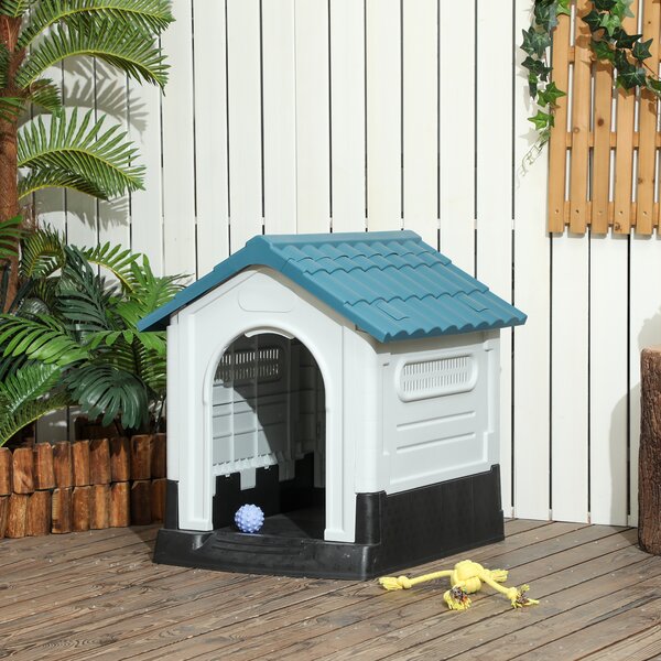 PawHut Cușcă pentru Câini de Exterior din Plastic, Căsuță pentru Câini Mici și Mini cu Ferestre, Acoperiș Înclinat și Bază Ridicată, 64,5x57x66 cm, Albastru | Aosom Romania