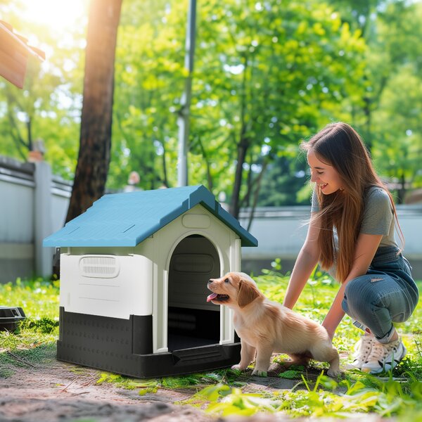 PawHut Cușcă pentru Câini de Exterior din Plastic, Căsuță pentru Câini Mici și Mini cu Ferestre, Acoperiș Înclinat și Bază Ridicată, 64,5x57x66 cm, Albastru | Aosom Romania