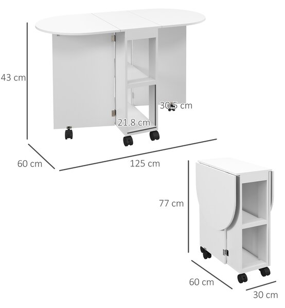 HOMCOM Masă de Comedor Plegable cu Ruedas Masă de Cocina cu Alas Abatibles și 2 Rafturi Deschise 120x60x77 cm Alb | Aosom Romania