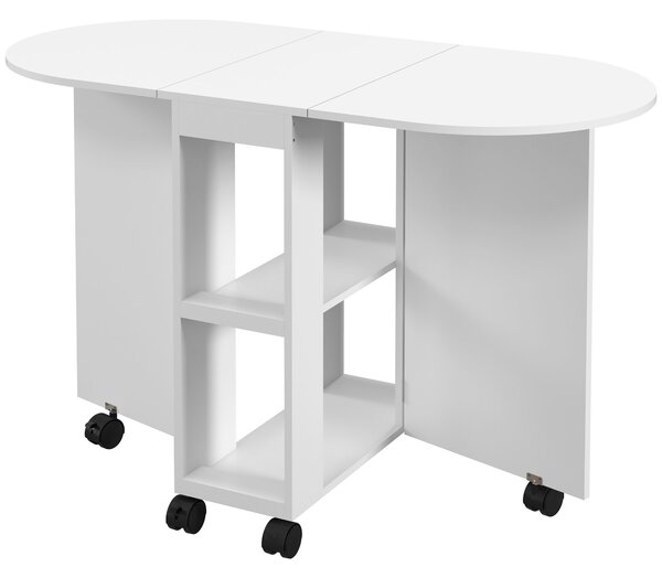 HOMCOM Masă de Comedor Plegable cu Ruedas Masă de Cocina cu Alas Abatibles și 2 Rafturi Deschise 120x60x77 cm Alb | Aosom Romania