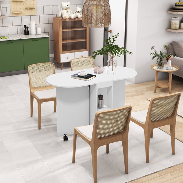 HOMCOM Masă de Comedor Plegable cu Ruedas Masă de Cocina cu Alas Abatibles și 2 Rafturi Deschise 120x60x77 cm Alb | Aosom Romania