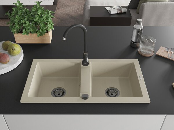 Mexen Mario, chiuveta granit 820x436x161 mm, 2 camere, bej cu sifon negru, 6504822000-69-B