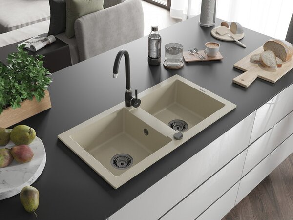 Mexen Mario, chiuveta granit 820x436x161 mm, 2 camere, bej cu sifon negru, 6504822000-69-B