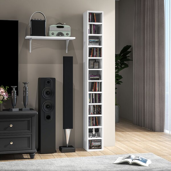 HOMCOM Raft Bibliotecă pentru CD-uri cu 12 rafturi, din MDF și panou aglomerat, 21x20x175 cm, Alb | Aosom Romania