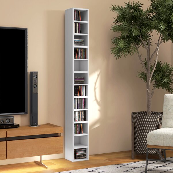 HOMCOM Raft Bibliotecă pentru CD-uri cu 12 rafturi, din MDF și panou aglomerat, 21x20x175 cm, Alb | Aosom Romania