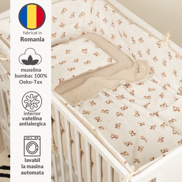Lenjerie patut bebe 120x60 cm Kidizi Teddy Tales din muselina dubla 5 piese – set complet cu aparatoare, cearsaf elastic, perna si paturica