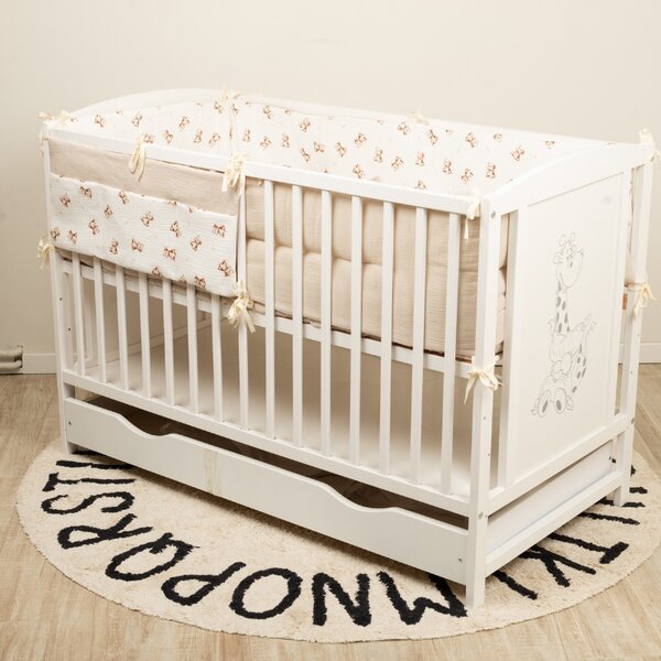 Lenjerie patut bebe 120x60 cm Kidizi Teddy Tales din muselina dubla 6 piese – set complet cu aparatoare, cearsaf elastic, perna, paturica si organizator