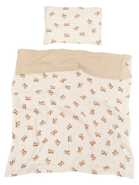 Lenjerie patut bebe 120x60 cm Kidizi Teddy Tales din muselina dubla 5 piese – set complet cu aparatoare, cearsaf elastic, perna si paturica