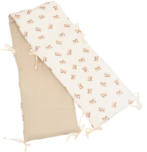 Lenjerie patut bebe 120x60 cm Kidizi Teddy Tales din muselina dubla 5 piese – set complet cu aparatoare, cearsaf elastic, perna si paturica