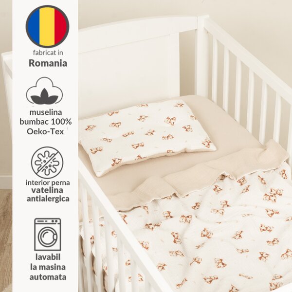 Lenjerie patut bebe 120x60 cm Kidizi Teddy Tales din muselina dubla 3 piese – include cearsaf cu elastic, perna si paturica