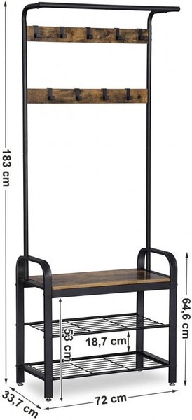 Cuier cu bancuta si suport pantofi Model Clay, Maro Rustic/Negru, 183x72x33.7 cm