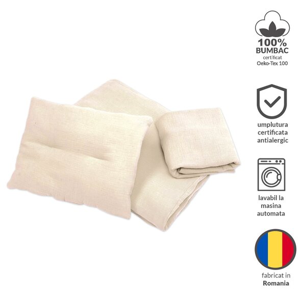Lenjerie patut din muselina dubla 120x60 cm Kidizi ivory, include cearceaf, perna, husa pilota si pilota, bumbac 100%