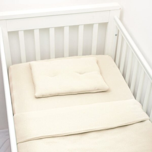 Lenjerie patut din muselina dubla 120x60 cm Kidizi ivory, include cearceaf, perna, husa pilota si pilota, bumbac 100%