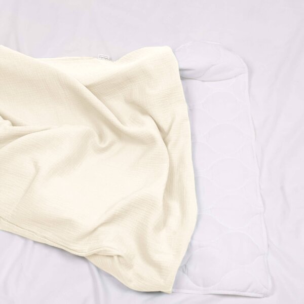 Lenjerie patut din muselina dubla 120x60 cm Kidizi ivory, include cearceaf, perna, husa pilota si pilota, bumbac 100%