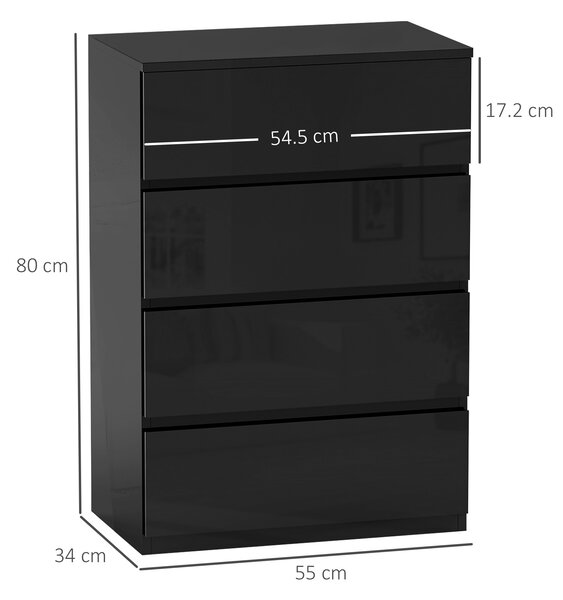 HOMCOM Comodă cu 4 sertare Comodă de stil modern pentru dormitor intrare living 55x34x80 cm Negru | Aosom Romania
