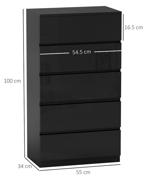 HOMCOM Comoda cu 5 sertare Comoda de stil modern pentru dormitor intrare living 55x34x100 cm Negru | Aosom Romania