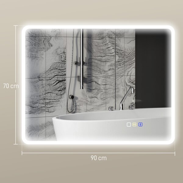 HOMCOM Oglindă de baie LED bluetooth 70 x 90 cm interruptor tactil lumină reglabilă 3 culori anti-abur memorie argintiu | Aosom Romania