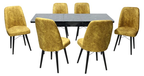 Set masă extensibilă Aris Negru Marmorat cu 6 scaune Atena Galben