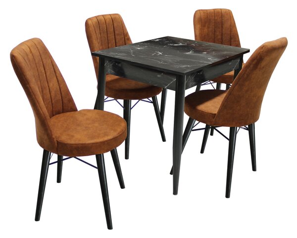 Set masă fixă Deco Negru Marmorat cu 4 scaune Apollo Cărămiziu