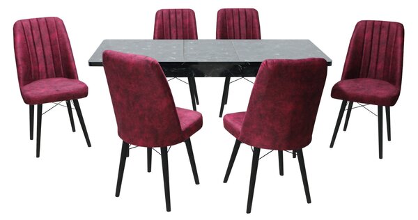 Set masă extensibilă Aris Negru Marmorat cu 6 scaune Atena Bordo
