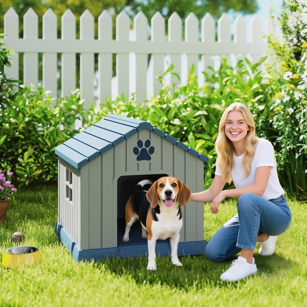 PawHut Căsuță pentru Câini din Plastic pentru Exterior, Impermeabilă, pentru Câini de Talie Medie cu Bază Ridicată, Ferestre și Acoperiș pentru Grădină, Patio, Terasă, Casă și Interior, 85x79x82 cm, Gri | Aosom Romania