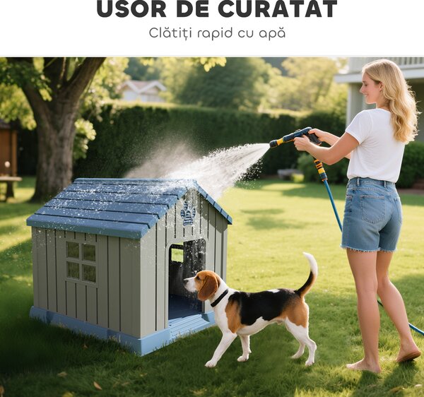 PawHut Căsuță pentru Câini din Plastic pentru Exterior, Impermeabilă, pentru Câini de Talie Medie cu Bază Ridicată, Ferestre și Acoperiș pentru Grădină, Patio, Terasă, Casă și Interior, 85x79x82 cm, Gri | Aosom Romania