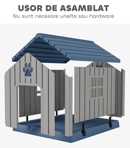PawHut Căsuță pentru Câini din Plastic pentru Exterior, Impermeabilă, pentru Câini de Talie Medie cu Bază Ridicată, Ferestre și Acoperiș pentru Grădină, Patio, Terasă, Casă și Interior, 85x79x82 cm, Gri | Aosom Romania