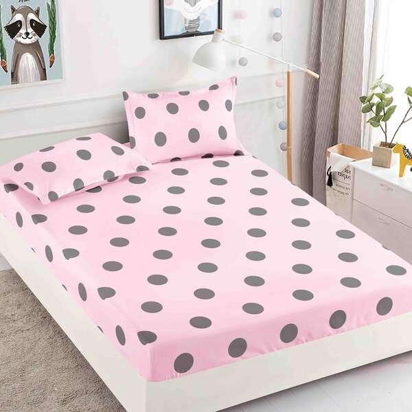 Husa de pat, finet, 180x200cm, 2 persoane, 3 piese, cu elastic, roz , cu buline gri, HPF324