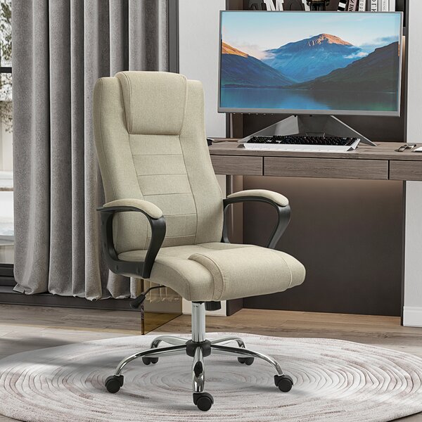 Vinsetto Scaun de Birou Ergonomic, Rotativ și Înclinabil, din Țesătură cu Aspect de In, cu Tetieră, Bej | Aosom Romania