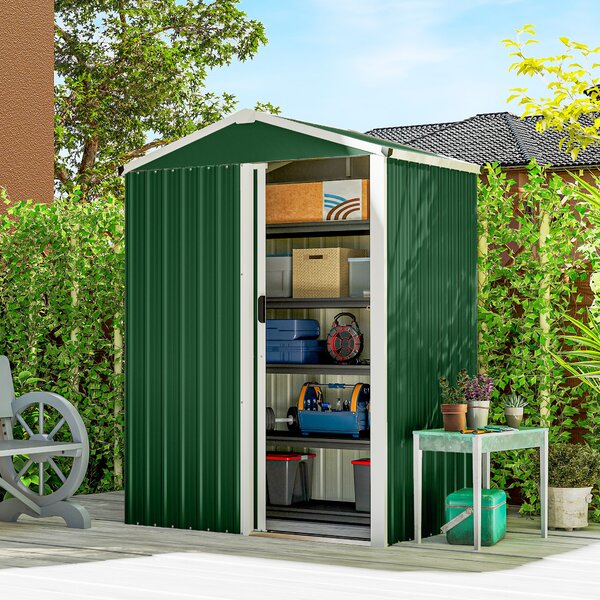 Outsunny Căsuță de Grădină 1.1m² din Oțel Galvanizat, Căsuță de Depozitare cu Ușă Glisantă Blocabilă, Acoperiș Înclinat, Mănuși, Căsuță de Unelte, 136x87x179 cm, Verde | Aosom Romania