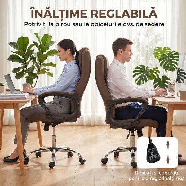 Vinsetto Scaun de Birou Ergonomic Inclinabil și Rotativ în Țesătură cu Aspect de In cu Tetieră, Maro | Aosom Romania