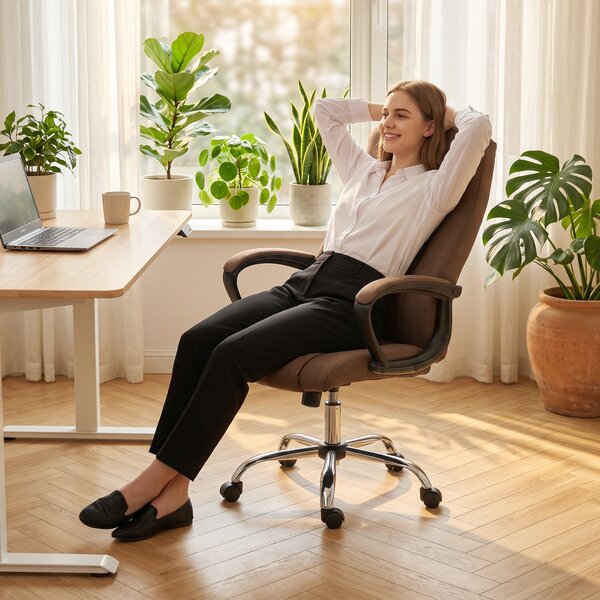 Vinsetto Scaun de Birou Ergonomic Inclinabil și Rotativ în Țesătură cu Aspect de In cu Tetieră, Maro | Aosom Romania
