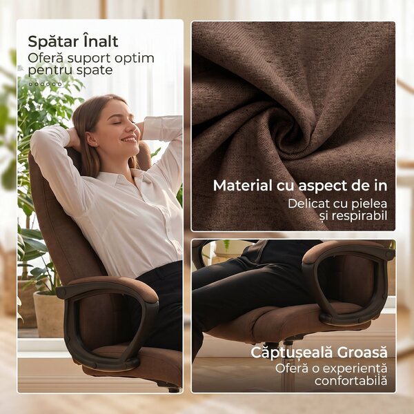 Vinsetto Scaun de Birou Ergonomic Inclinabil și Rotativ în Țesătură cu Aspect de In cu Tetieră, Maro | Aosom Romania