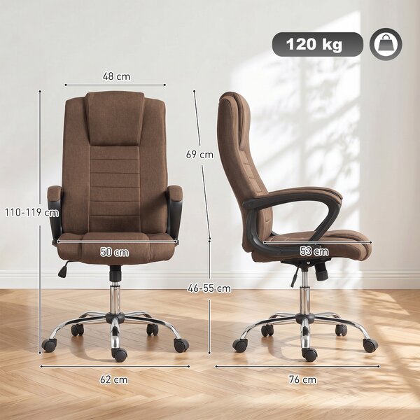 Vinsetto Scaun de Birou Ergonomic Inclinabil și Rotativ în Țesătură cu Aspect de In cu Tetieră, Maro | Aosom Romania