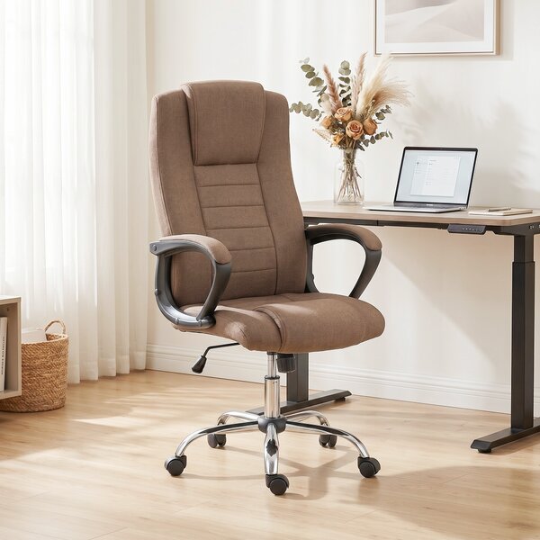 Vinsetto Scaun de Birou Ergonomic Inclinabil și Rotativ în Țesătură cu Aspect de In cu Tetieră, Maro | Aosom Romania