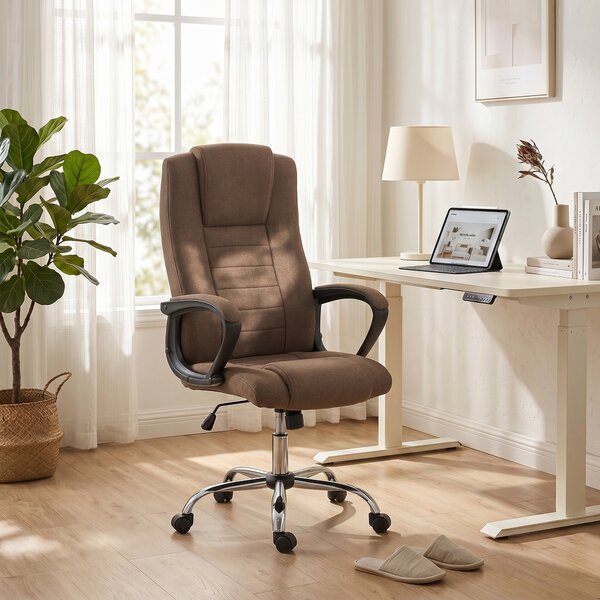 Vinsetto Scaun de Birou Ergonomic Inclinabil și Rotativ în Țesătură cu Aspect de In cu Tetieră, Maro | Aosom Romania