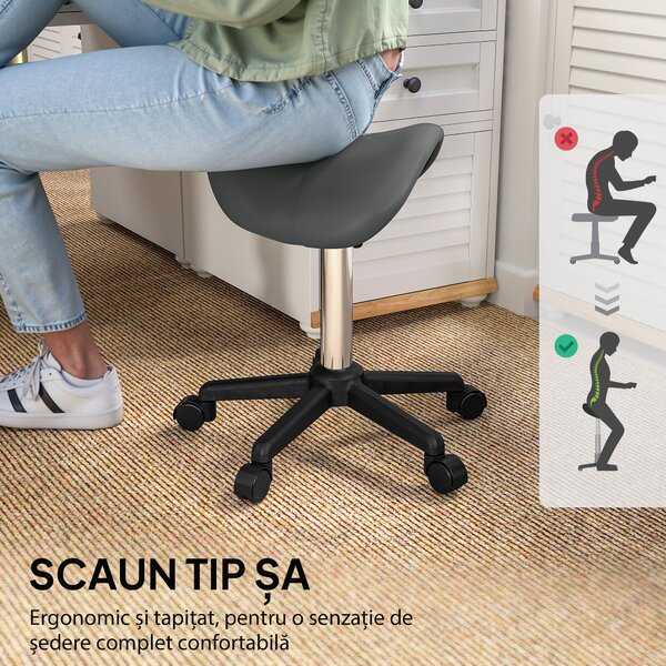 HOMCOM Scaun Pivotant tip Șa cu Roți Înălțime Reglabilă Piele Artificială Gri | Aosom Romania