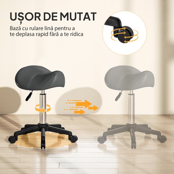 HOMCOM Scaun Pivotant tip Șa cu Roți Înălțime Reglabilă Piele Artificială Gri | Aosom Romania
