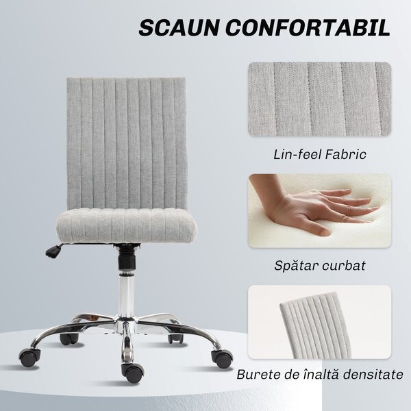 HOMCOM Scaun Birou Rotativ Fără Cotiere Înălțime Reglabilă Țesătură Gri | Aosom Romania