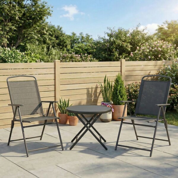 Outsunny Set de Exterior din 3 Piese cu Masă cu Blat din Sticlă și 2 Scaune Pliabile din Plasă, Ф45x50 cm, Gri Deschis | Aosom Romania