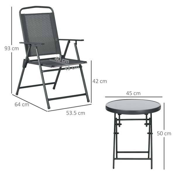 Outsunny Set de Exterior din 3 Piese cu Masă cu Blat din Sticlă și 2 Scaune Pliabile din Plasă, Ф45x50 cm, Gri Deschis | Aosom Romania
