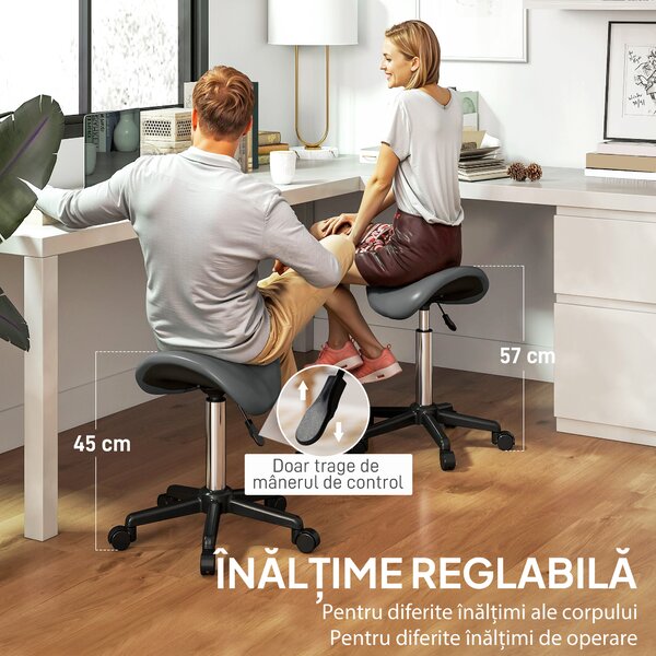 HOMCOM Scaun Pivotant tip Șa cu Roți Înălțime Reglabilă Piele Artificială Gri | Aosom Romania